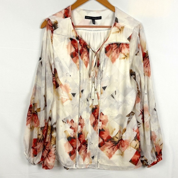 White House Black Market Women Long Split Sleeve Blouse Sz 12 Romantic Date - Picture 3 of 13